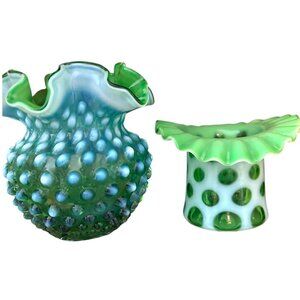 Vtg HTF Fenton Green Opalescent Hobnail Vase & Coin Dot Hat Vase - Lot of 2
